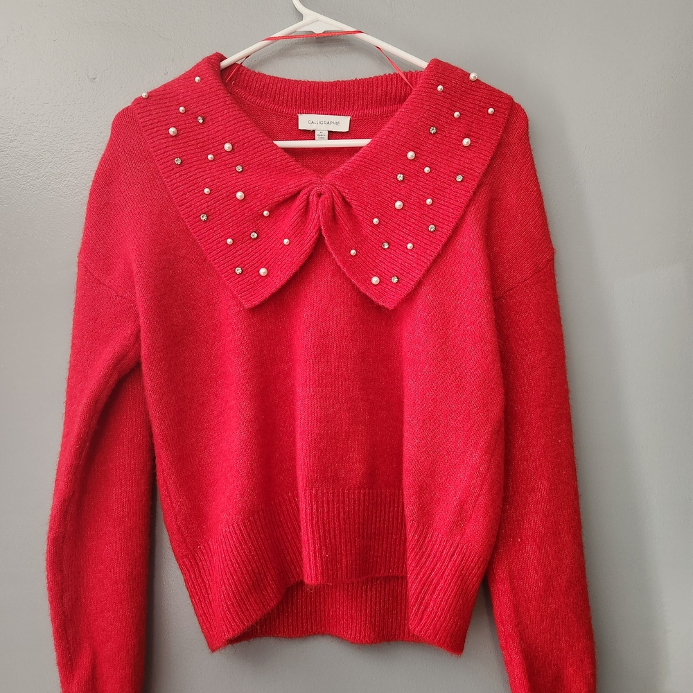 Elegant Red Sweater with Pearl Collar